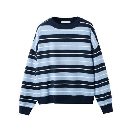 Pull bleu à rayures blanches avec une coupe droite et des manches longues