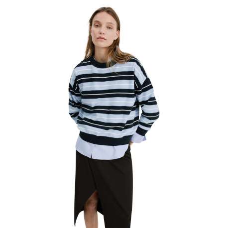 Pull bleu à rayures blanches avec une coupe droite et des manches longues - Image 3
