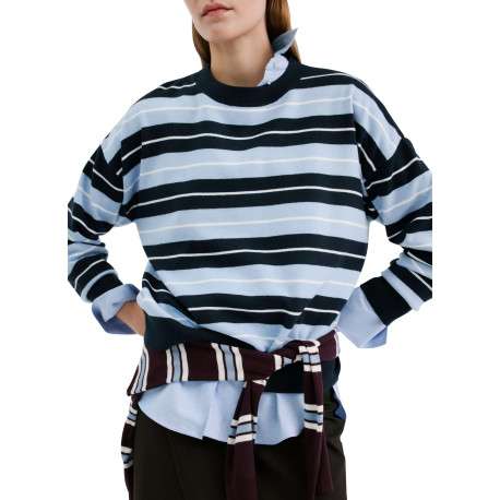Pull bleu à rayures blanches avec une coupe droite et des manches longues - Image 4