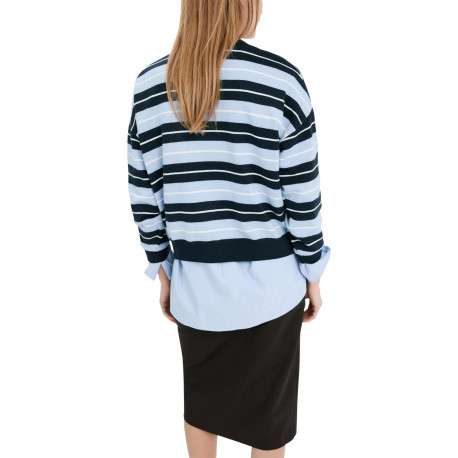 Pull bleu à rayures blanches avec une coupe droite et des manches longues - Image 5