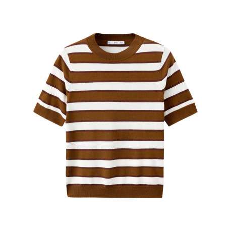 Pull chocolat à rayures blanches avec une coupe droite et un col rond
