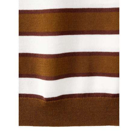 Pull chocolat à rayures blanches avec une coupe droite et un col rond - Image 6