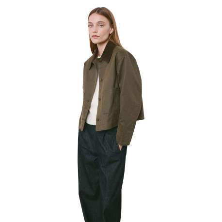 Blouson kaki uni avec une coupe droite et un col à revers en velours - Image 4