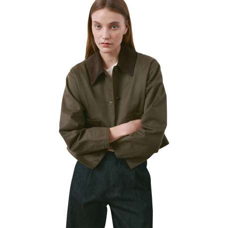 Blouson kaki uni avec une coupe droite et un col à revers en velours - Image 5
