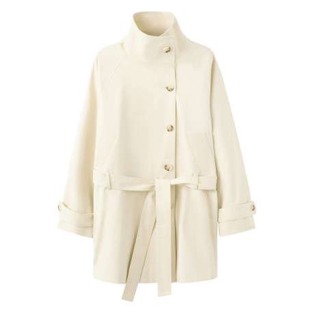 Trench coat long en coton beige uni avec une coupe ample et un col montant