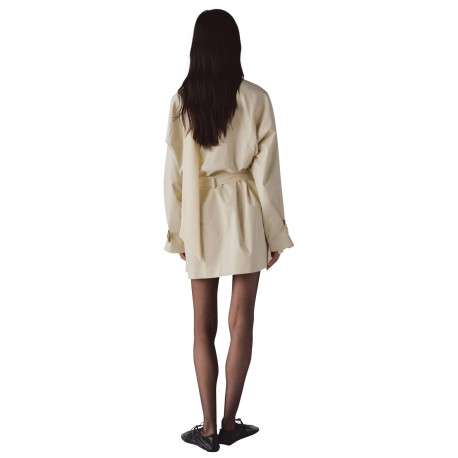Trench coat long en coton beige uni avec une coupe ample et un col montant - Image 4