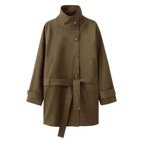 Trench coat long en coton chocolat uni avec une coupe ample et un col montant