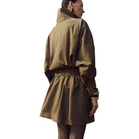 Trench coat long en coton chocolat uni avec une coupe ample et un col montant - Image 4