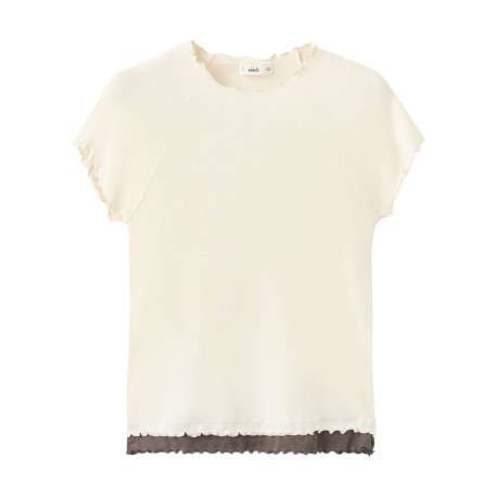 T-shirt beige uni avec une coupe ajustée et un col rond plissé