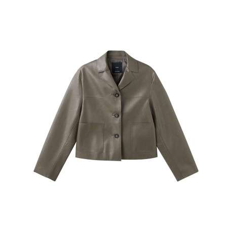 Blouson kaki uni en simili-cuir avec une coupe droite et un col à revers
