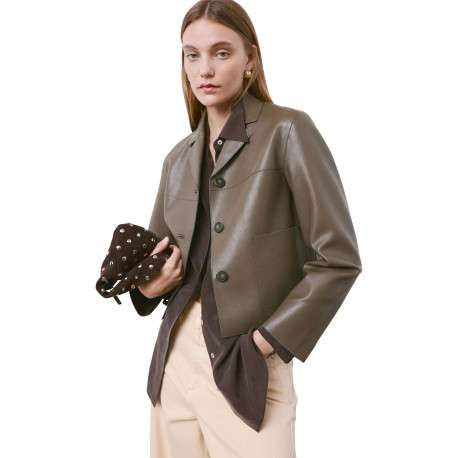 Blouson kaki uni en simili-cuir avec une coupe droite et un col à revers - Image 3