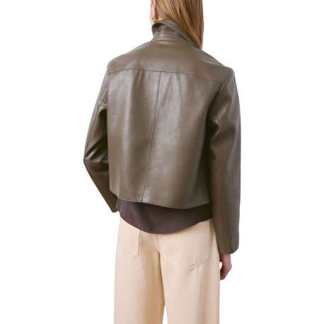 Blouson kaki uni en simili-cuir avec une coupe droite et un col à revers - Image 4