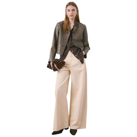 Blouson kaki uni en simili-cuir avec une coupe droite et un col à revers - Image 5