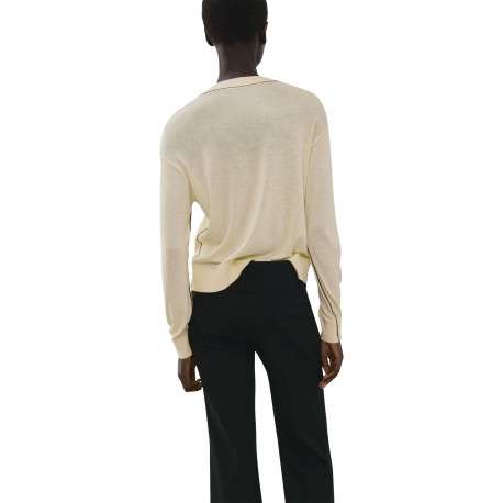 Pull écru uni en maille fine avec une coupe droite et un col v - Image 4