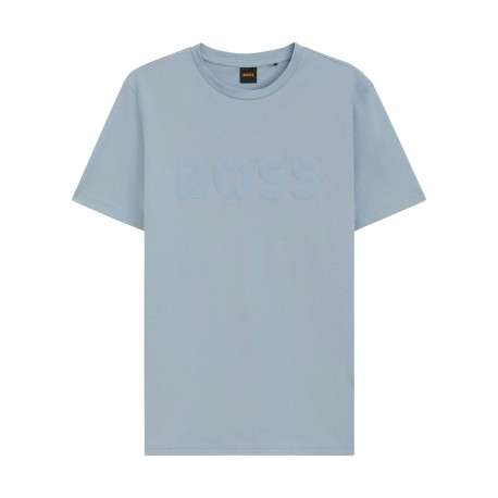 T-shirt en coton bleu à coupe droite pourvu d'un col rond lisse