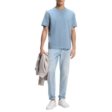 T-shirt en coton bleu à coupe droite pourvu d'un col rond lisse - Image 5
