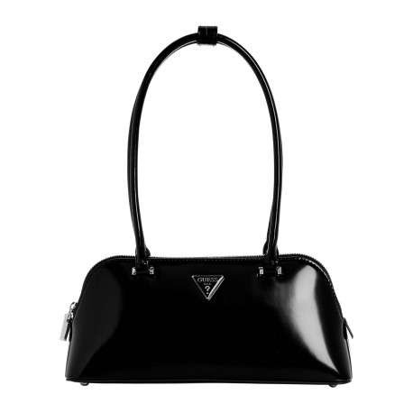 Sac à main noir vernis pourvu du logo de la marque forme triangle