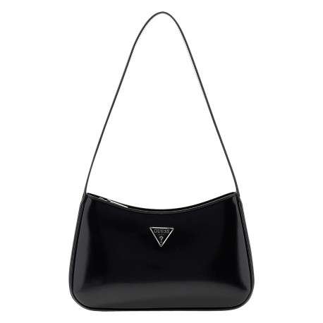 Sac à main noir vernis pourvu du logo de la marque forme triangle