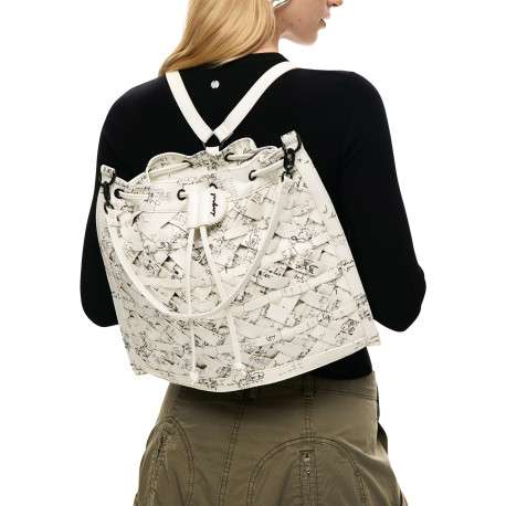 Sac à dos en coton blanc à imprimé avec une anse et deux lanières au dos - Image 6