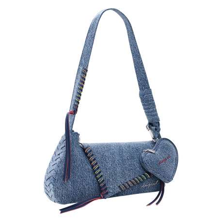 Sac porté épaule en coton bleu denim uni pourvu d'une anse - Image 3