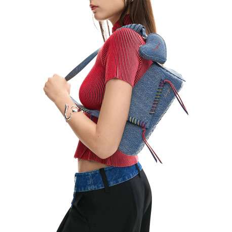 Sac porté épaule en coton bleu denim uni pourvu d'une anse - Image 6
