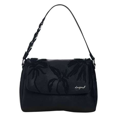 Sac porté épaule noir avec des motifs floraux pourvu d'une anse