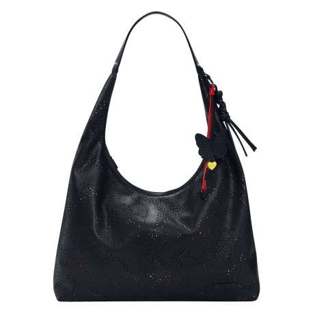Sac porté épaule noir avec des motifs floraux muni d'une anse