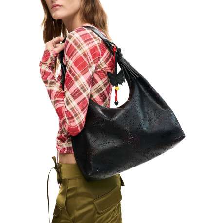 Sac porté épaule noir avec des motifs floraux muni d'une anse - Image 6