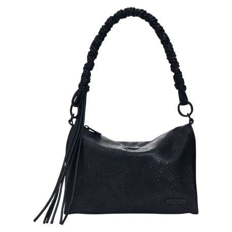 Sac bandouliere noir avec des motifs floraux avec une anse