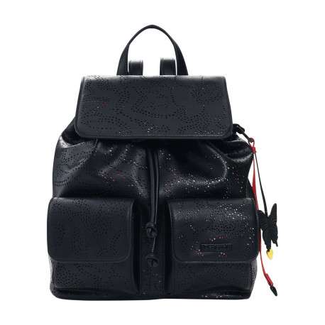 Sac à dos noir avec motifs floraux muni d'une anse et de deux lanières au dos