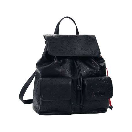 Sac à dos noir avec motifs floraux muni d'une anse et de deux lanières au dos - Image 3