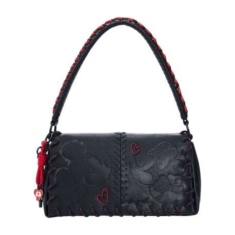 Sac bandouliere noir à imprimé pourvu d'une anse rouge et noire