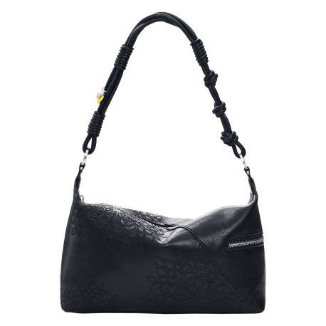 Sac porté épaule noir à motifs floraux muni d'une anse et d'une bandoulière
