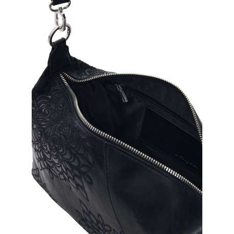 Sac porté épaule noir à motifs floraux muni d'une anse et d'une bandoulière - Image 4