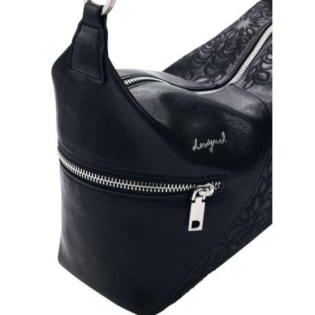 Sac porté épaule noir à motifs floraux muni d'une anse et d'une bandoulière - Image 5