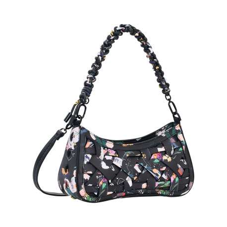 Sac porté épaule en coton noir avec des imprimés floraux muni d'une anse - Image 2
