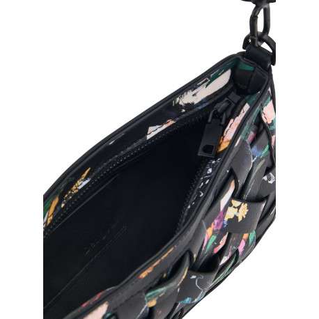 Sac porté épaule en coton noir avec des imprimés floraux muni d'une anse - Image 4