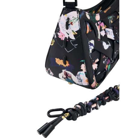 Sac porté épaule en coton noir avec des imprimés floraux muni d'une anse - Image 5