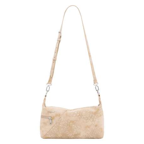 Sac porté épaule beige avec des motifs floraux muni d'une bandoulière