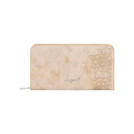 Portefeuille beige avec des motifs floraux et une fermeture à zip