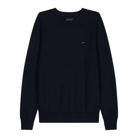 Pull en coton marine uni avec une coupe droite et un col rond