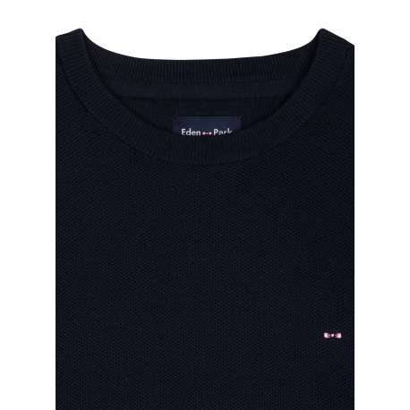 Pull en coton marine uni avec une coupe droite et un col rond - Image 2