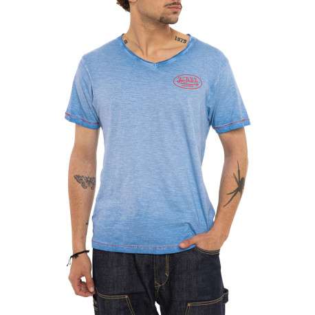 T-shirt en coton bleu uni avec une coupe ajustée et un col V effet flammé