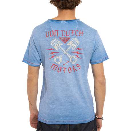 T-shirt en coton bleu uni avec une coupe ajustée et un col V effet flammé - Image 2