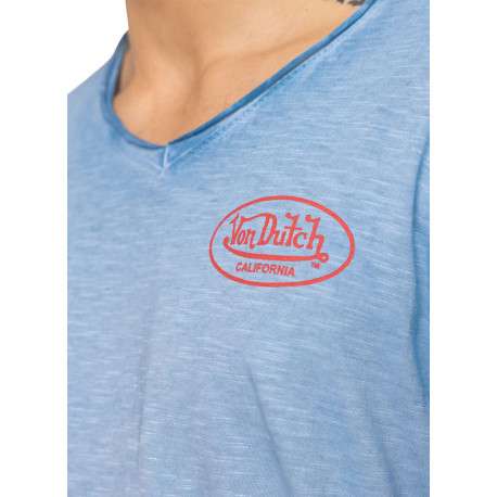 T-shirt en coton bleu uni avec une coupe ajustée et un col V effet flammé - Image 3