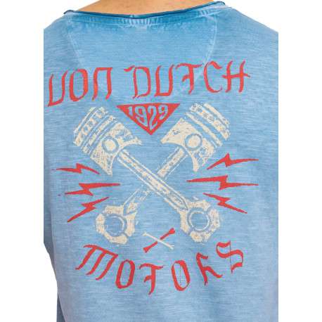 T-shirt en coton bleu uni avec une coupe ajustée et un col V effet flammé - Image 4