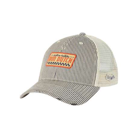 Casquette grise à rayures avec une fermeture snapback et un bouton de couronne