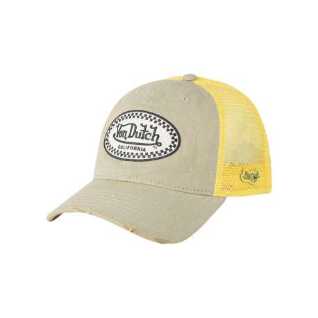 Casquette jaune unie avec une visière effet usé et un patch de la marque brodé