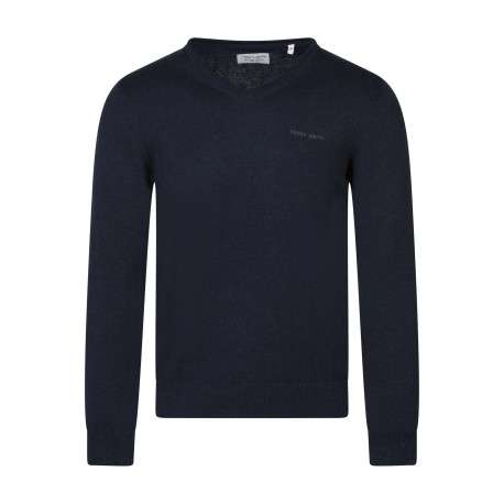 Pull en coton bleu foncé à coupe droite pourvu d'un col v côtelé