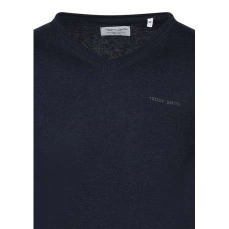 Pull en coton bleu foncé à coupe droite pourvu d'un col v côtelé - Image 3